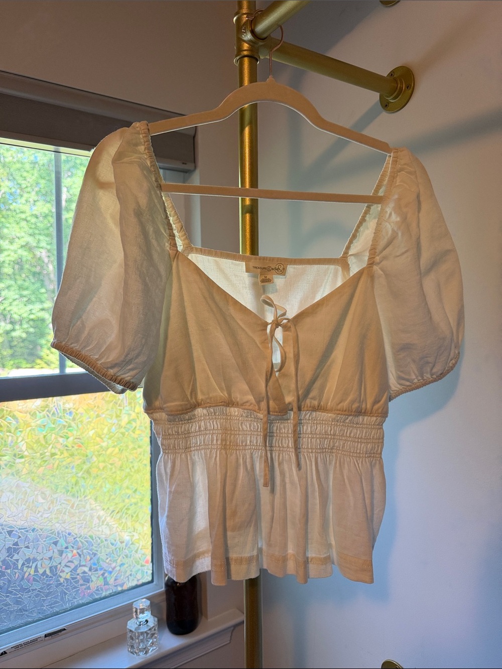 Treasure & Bond Cream Puff-Sleeve Tie-Front Top